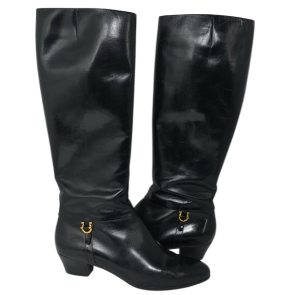 Salvatore Ferragamo Black Leather Block Heel Tall Riding Boots Size 9.5 BItaly
